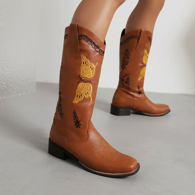 Women's Ethnic Embroidery Low Heels Cowboy Mid Calf Boots