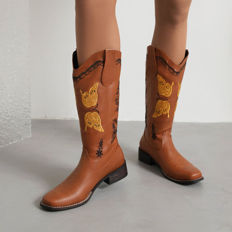 Women's Ethnic Embroidery Low Heels Cowboy Mid Calf Boots