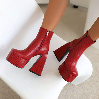 Women's Pu Leather Triangle Block Heel Platform Short Boots