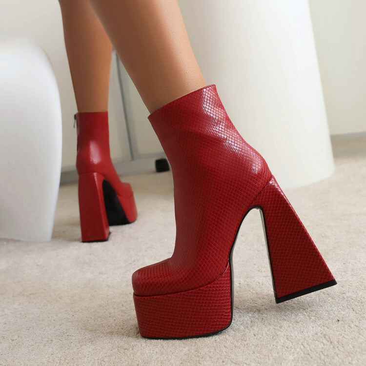 Women's Pu Leather Triangle Block Heel Platform Short Boots