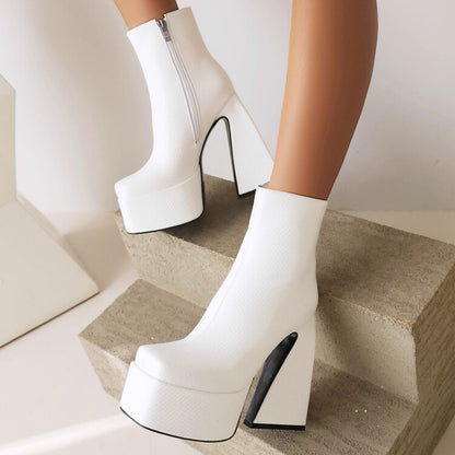 Women's Pu Leather Triangle Block Heel Platform Short Boots