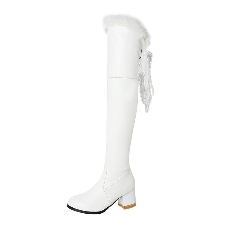 Women's Lace Furry Thick Heel Over-The-Knee Boots