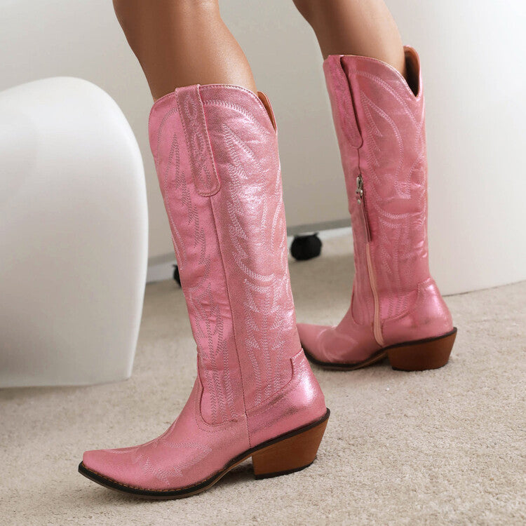 Women's Cowboy Pointed Toe Beveled Heel Patent Mid Calf Western Boots