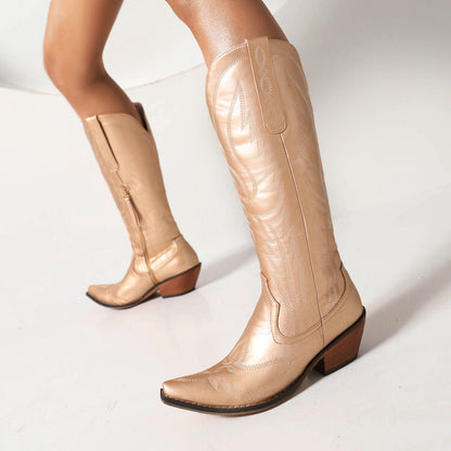 Women's Cowboy Pointed Toe Beveled Heel Patent Mid Calf Western Boots