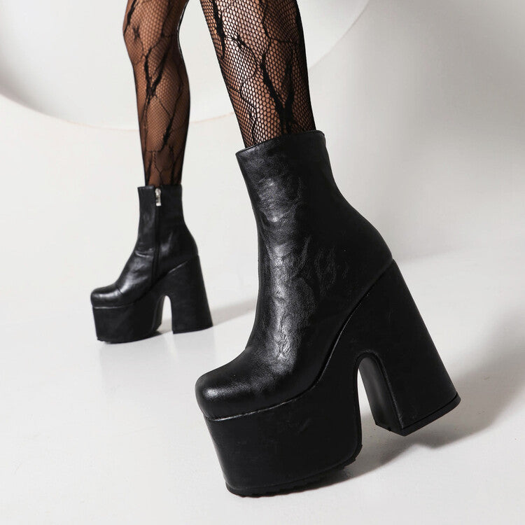 Women's Embossed Square Toe Side Zippers Block Chunky Heel Platform Short Boots