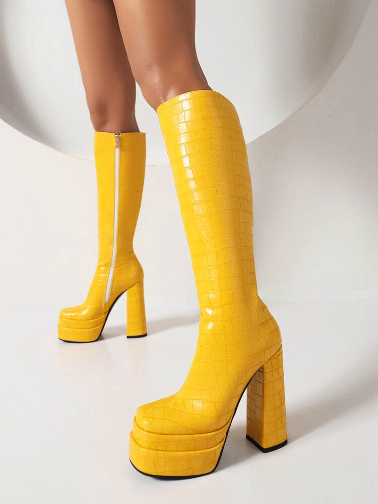 Women's Zippers Square Toe Chunky Heel Platform Knee High Boots