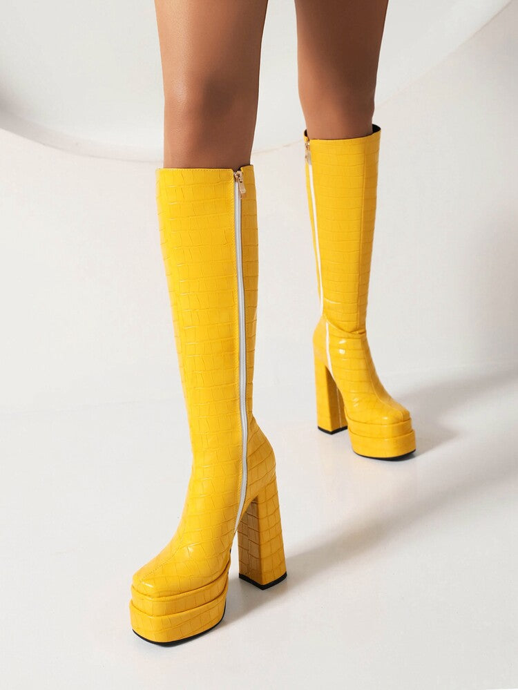 Women's Zippers Square Toe Chunky Heel Platform Knee High Boots