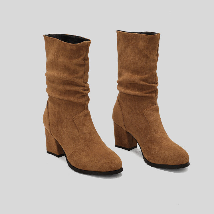Women's Round Toe Slouch Block Chunky Heel Mid-Calf Boots