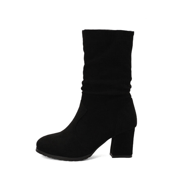 Women's Round Toe Slouch Block Chunky Heel Mid-Calf Boots