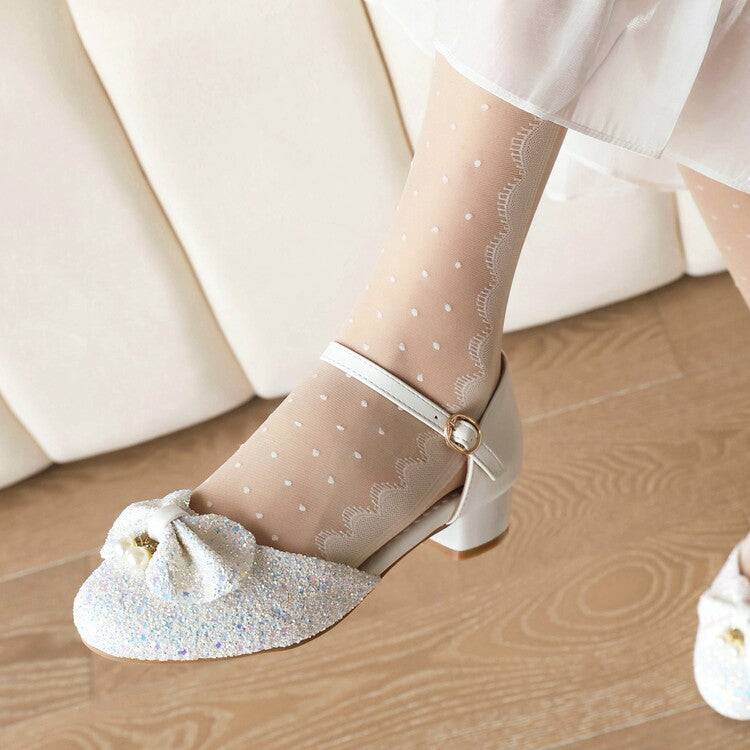Women's Glittery Sequins Round Toe Bow Tie Block Chunky Heel Sandals