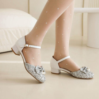 Women's Glittery Sequins Round Toe Bow Tie Block Chunky Heel Sandals