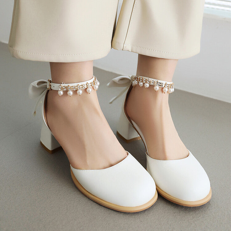 Women's Pearls Tassel Ankle Strap Block Chunky Heel Sandals
