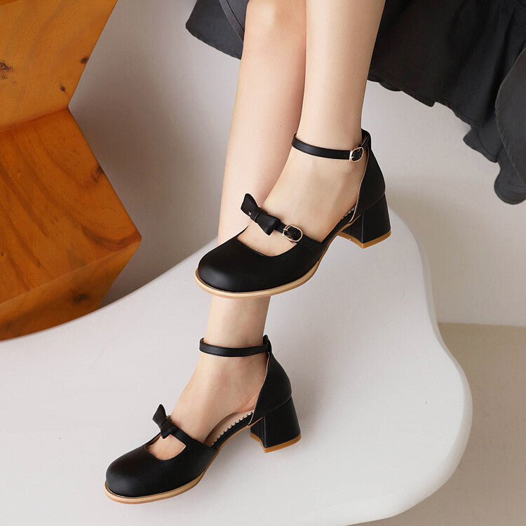 Women's Round Toe Bow Tie Ankle Strap Block Chunky Heel Sandals