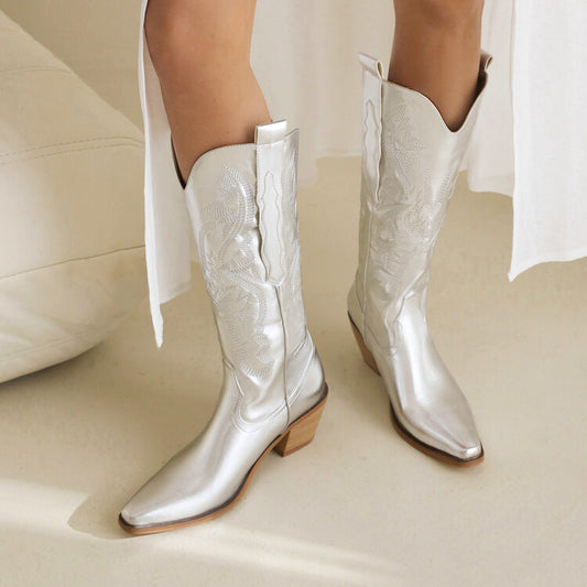 Women's Cowboy Pointed Toe Beveled Heel Mid Calf Western Boots