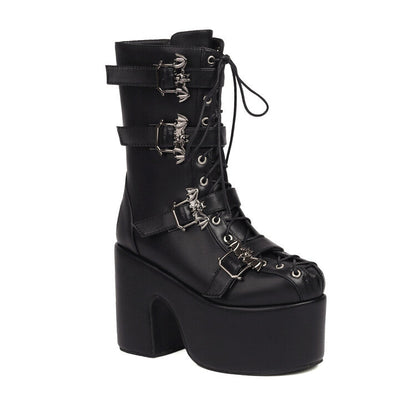 Women's Buckle Straps Lace-Up Chunky Heel Platform Mid Calf Boots