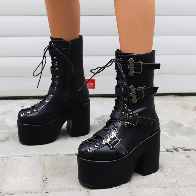 Women's Buckle Straps Lace-Up Chunky Heel Platform Mid Calf Boots