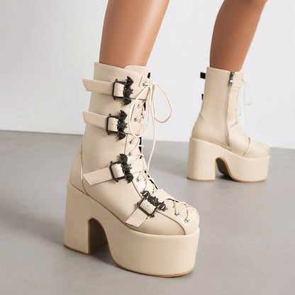 Women's Buckle Straps Lace-Up Chunky Heel Platform Mid Calf Boots