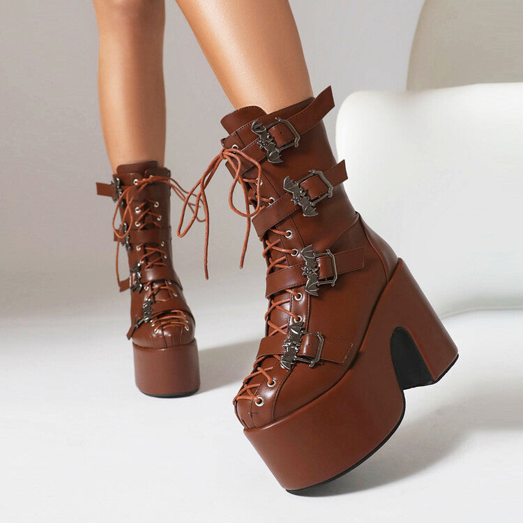 Women's Buckle Straps Lace-Up Chunky Heel Platform Mid Calf Boots
