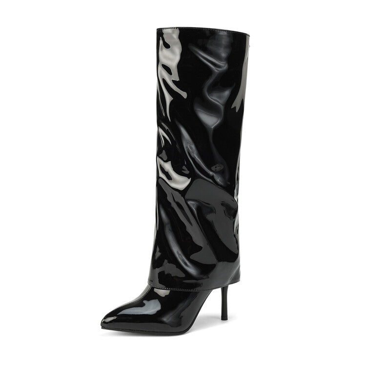 Women's Fold Pointed Toe Stiletto Heel Mid Calf Boots