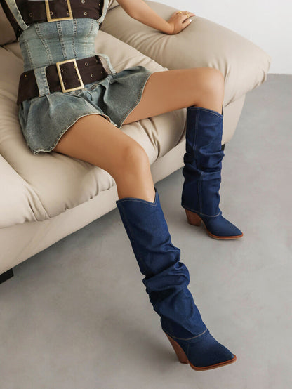 Women's Western Cowboy Fold Pointed Toe Beveled Heel Knee High Boots