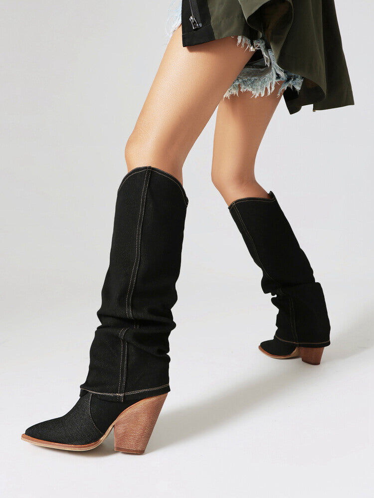 Women's Western Cowboy Fold Pointed Toe Beveled Heel Knee High Boots