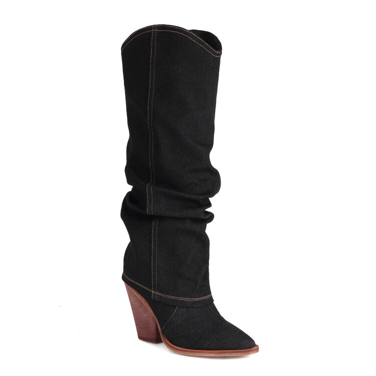 Women's Western Cowboy Fold Pointed Toe Beveled Heel Knee High Boots