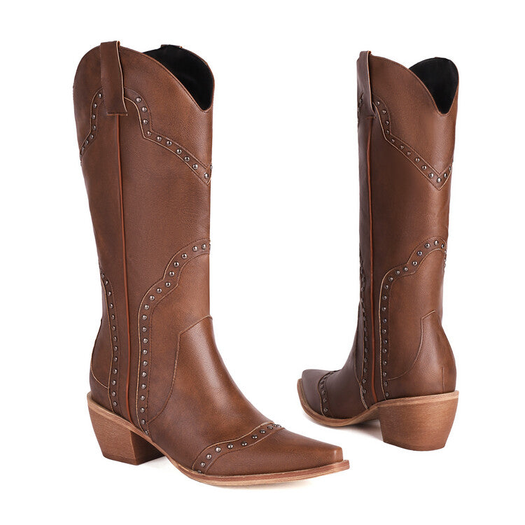 Women's Western Pointed Toe Rivets Beveled Heel Mid-calf Boots