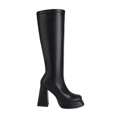 Women's Side Zippers Square Toe Chunky Heel Platform Knee High Boots