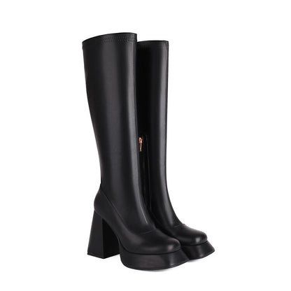 Women's Side Zippers Square Toe Chunky Heel Platform Knee High Boots