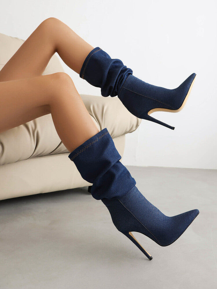 Women's Slouch Western Boots Cowboy Stiletto Heel Pointed Toe Mid-calf Boots