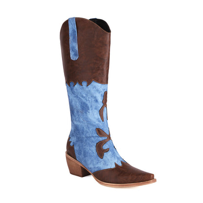 Women's Western Pointed Toe Tie-Dye Beveled Heel Mid-calf Boots