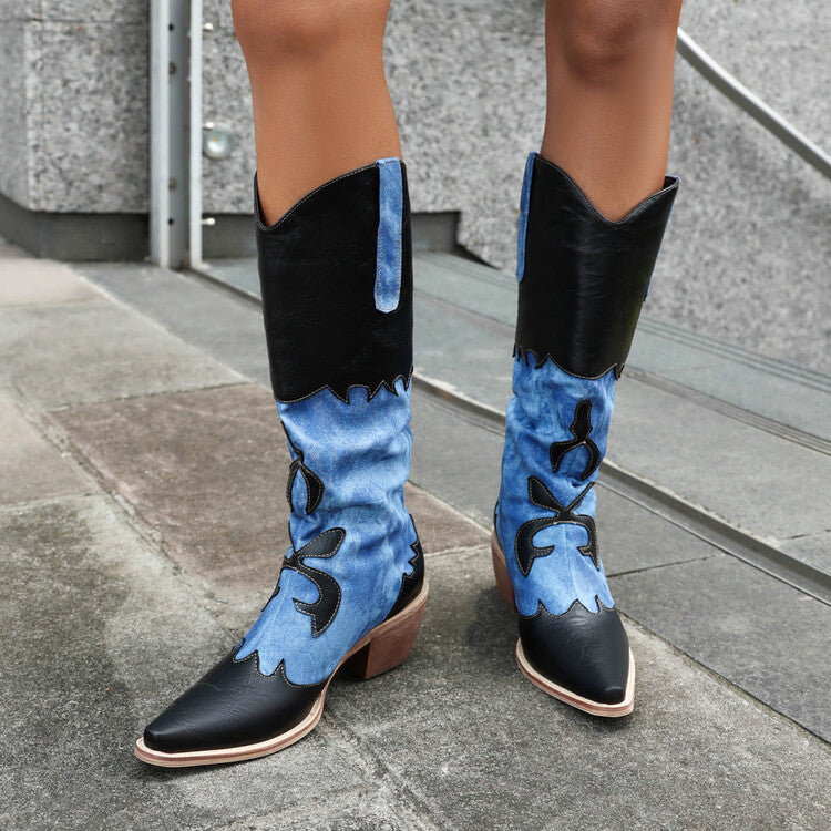 Women's Western Pointed Toe Tie-Dye Beveled Heel Mid-calf Boots