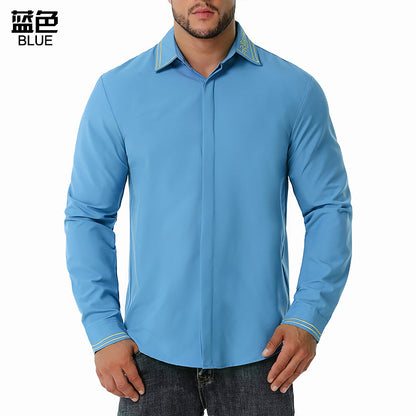 Men's Color Block Business Fashion Embroidered Long Sleeves Shirts