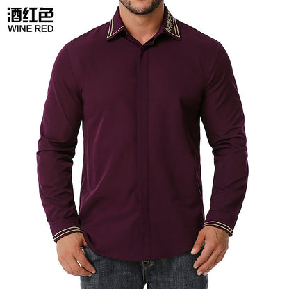 Men's Color Block Business Fashion Embroidered Long Sleeves Shirts