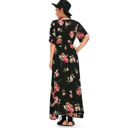 Vintage Crushed Flower Deep V-neck High Open Fork Short-sleeved Holiday Beach Dress Women Dresses