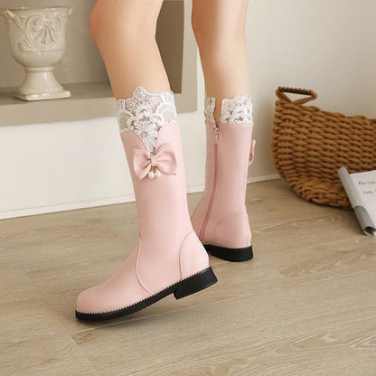 Women Lace Bow Low Heels Mid Calf Boots