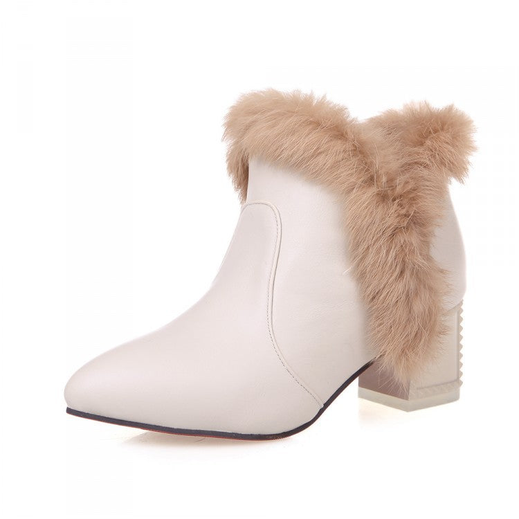 Pointed Toe Rabbit Fur Short Boots Plus Size Women Shoes 6487