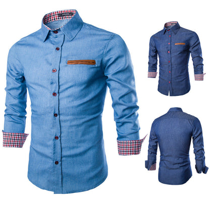 Casual Style Lapel Collar Pockets Design Bleach Wash Long Sleeves Denim Shirt For Men 9578