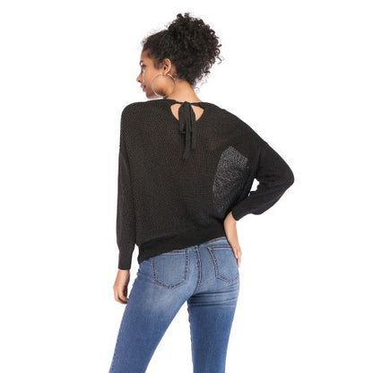 Women's Spring Loose Sweater with Lace-up Casual Sweater Before and After Solid Color