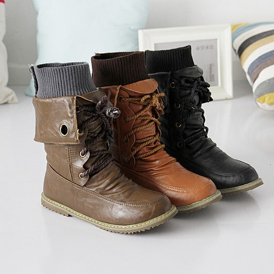 Lace Up Soft Leather Flat Motorcycle Boots 9619