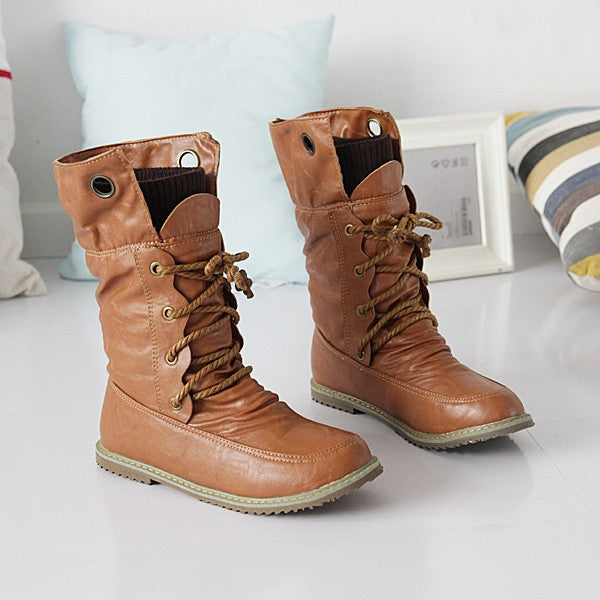 Lace Up Soft Leather Flat Motorcycle Boots 9619