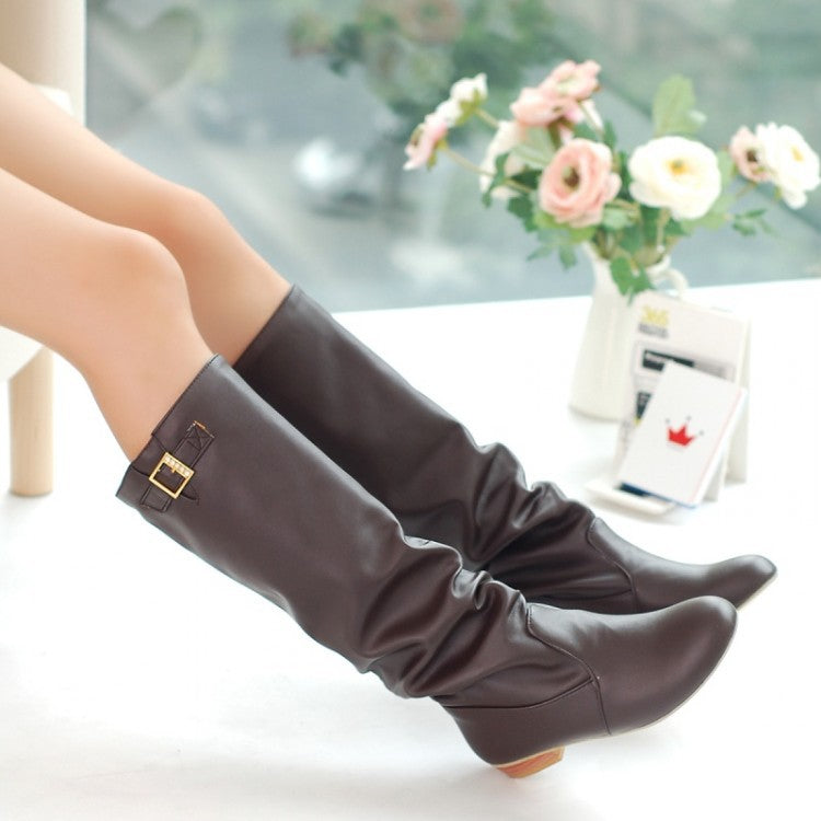 Soft Leather Buckle Tall Boots Low Heels for Women 3953