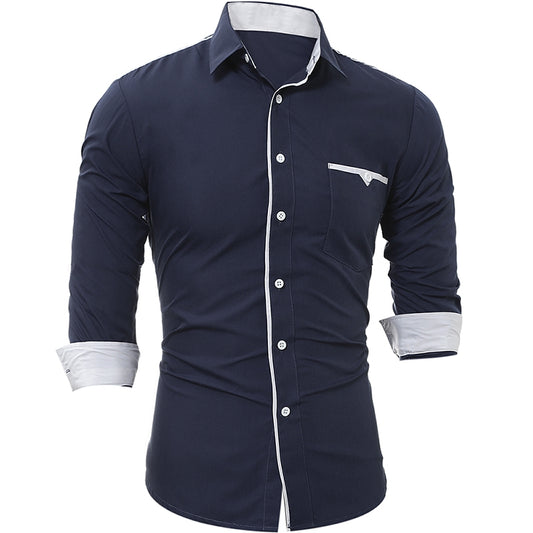 Patch Pocket Trim Men'S Casual Slim Long-Sleeved Shirt 3007