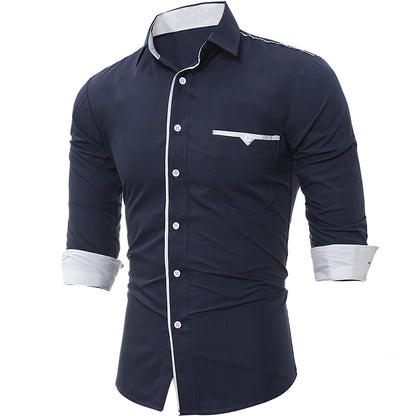 Patch Pocket Trim Men'S Casual Slim Long-Sleeved Shirt 3007