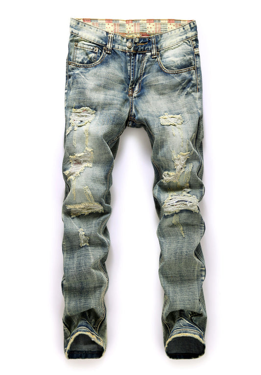 Men's Frayed Zipper Fly Five-pocket Straight Leg Ripped Jeans