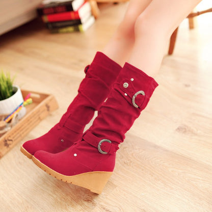 Suede Mid Calf Boots Wedge Heel 1618