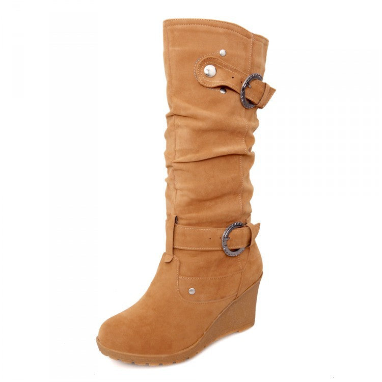 Suede Mid Calf Boots Wedge Heel 1618 – meetfun