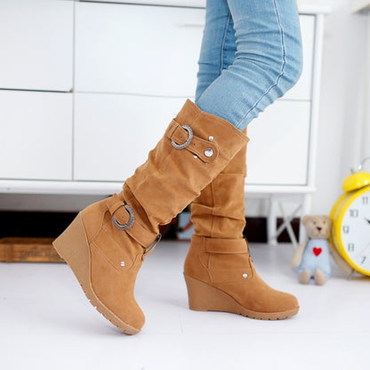 Suede Mid Calf Boots Wedge Heel 1618