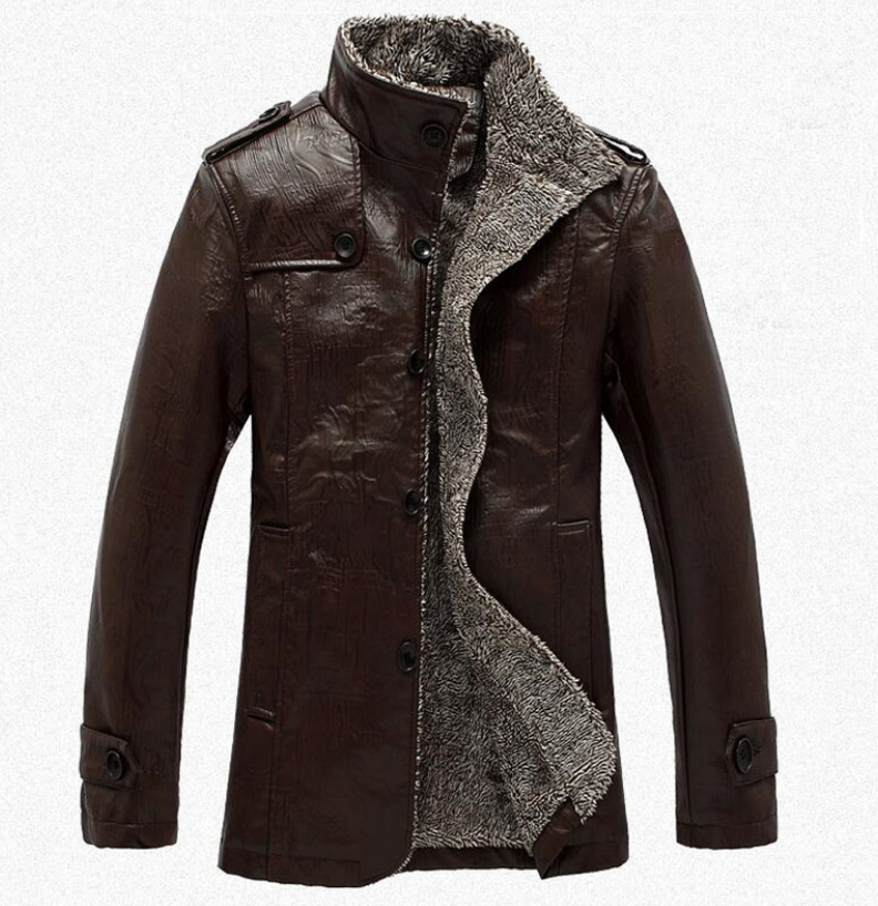 Stand Collar Flocking Single Breasted PU-Leather Jacket 1128
