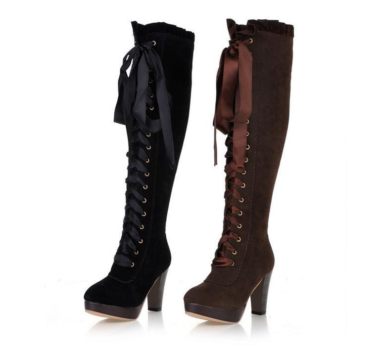 Velvet Strappy High Heels Tall Boots for Women 5837